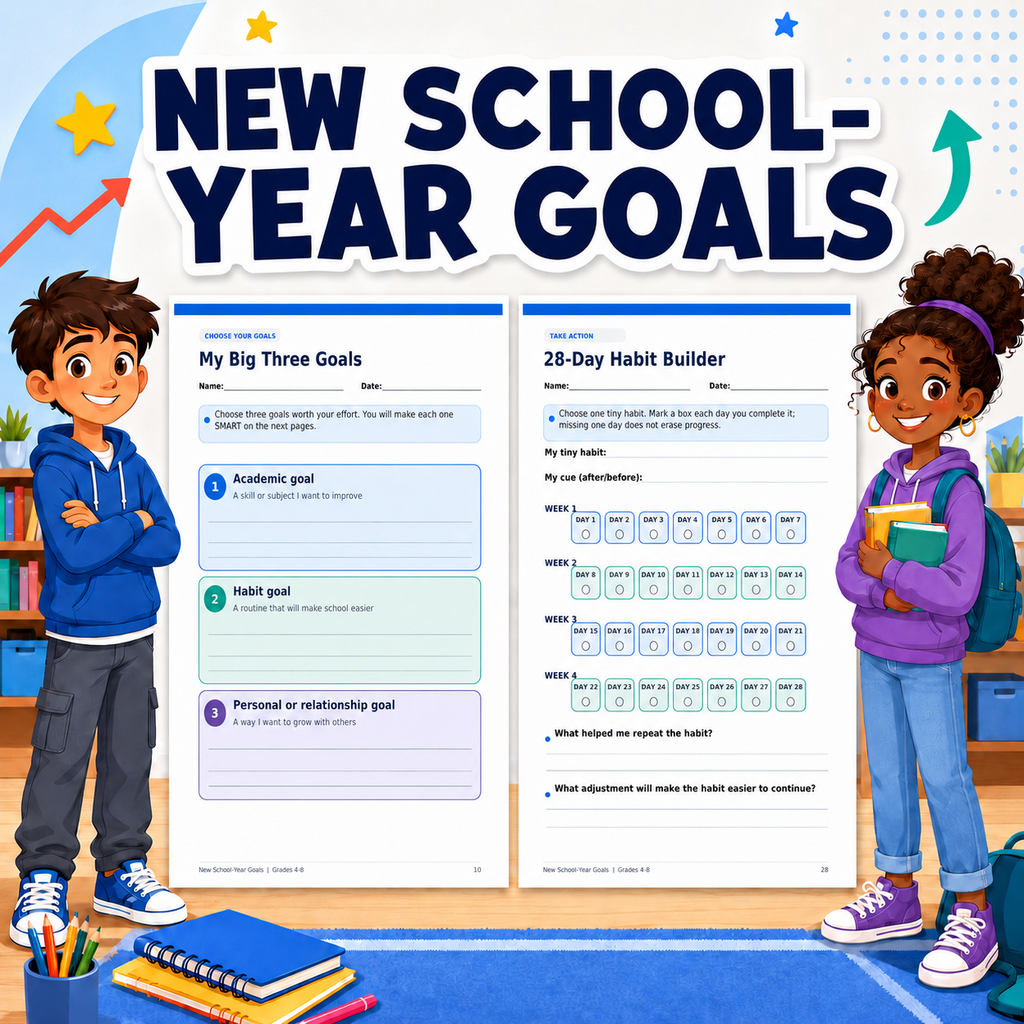 New School Year Goals Workbook | SMART Goals, Growth Mindset & Reflection Grades 4–8