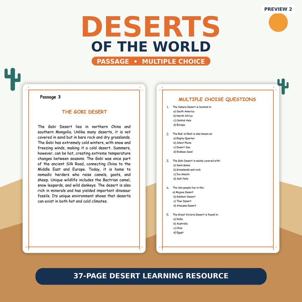 Deserts of the World Reading Comprehension Worksheets | Geography Passages, Assessments & Activities