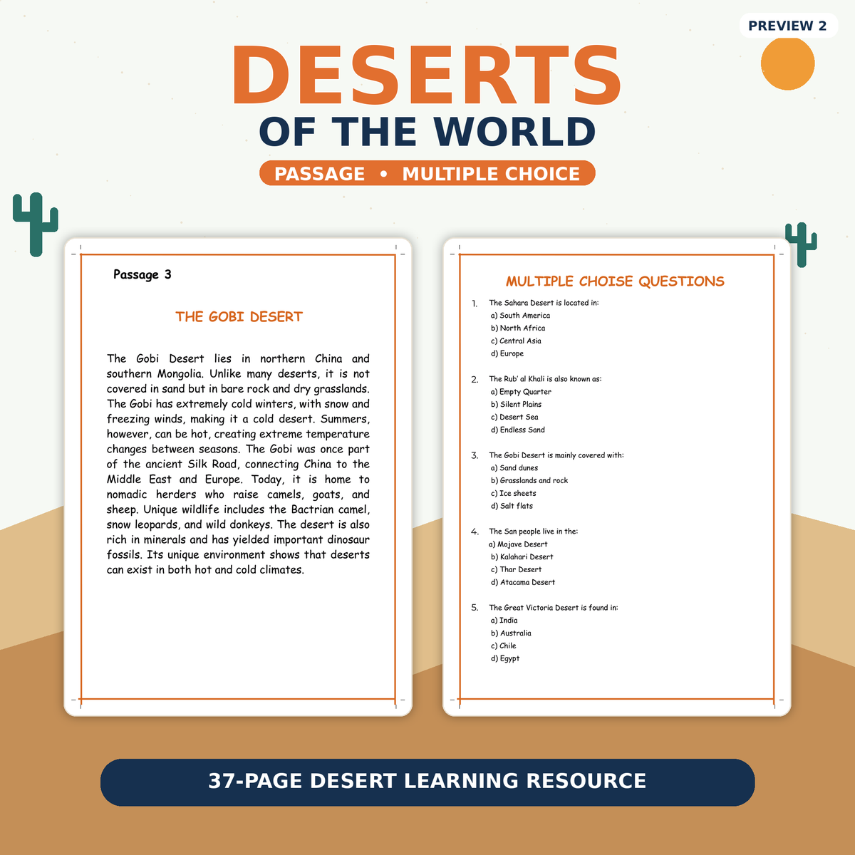 Deserts of the World Reading Comprehension Worksheets | Geography Passages, Assessments & Activities