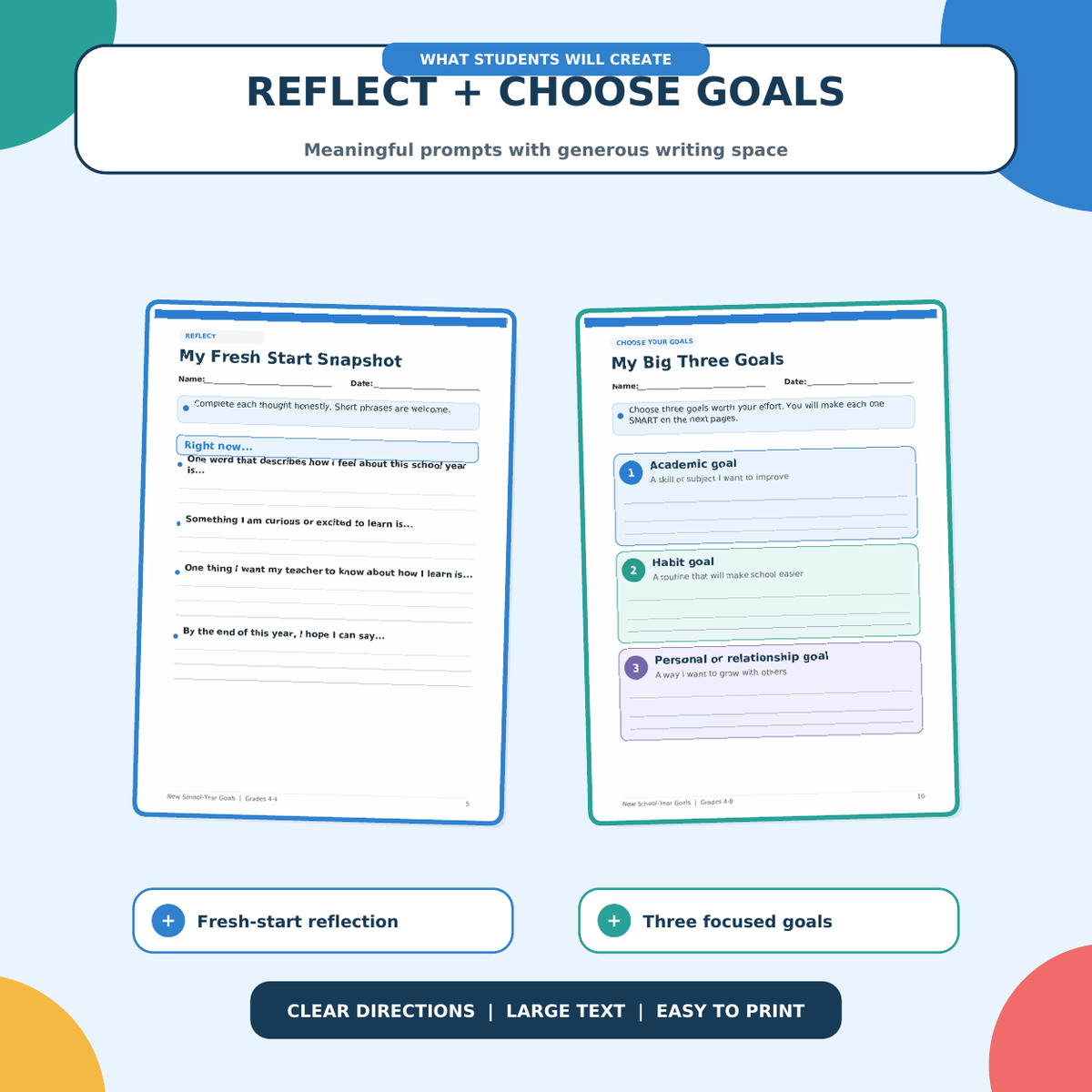 New School Year Goals Workbook | SMART Goals, Growth Mindset & Reflection Grades 4–8