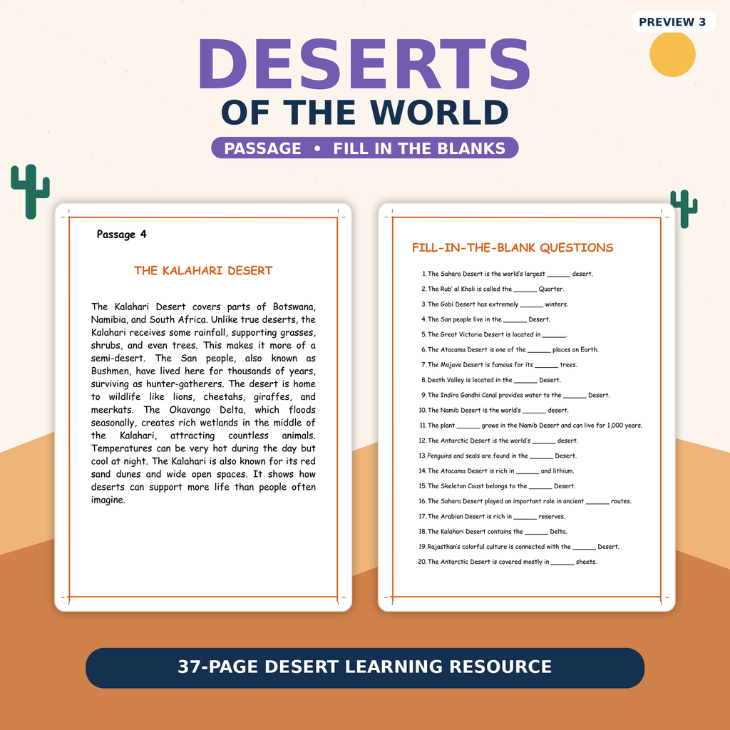 Deserts of the World Reading Comprehension Worksheets | Geography Passages, Assessments & Activities