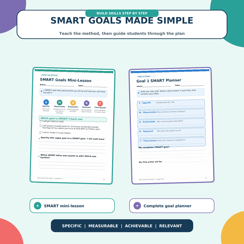 New School Year Goals Workbook | SMART Goals, Growth Mindset & Reflection Grades 4–8