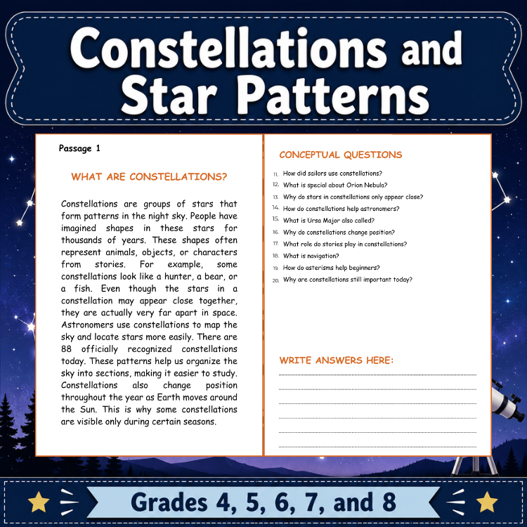 Constellations and Star Patterns Reading Comprehension Worksheets | Astronomy Activities & Assessment
