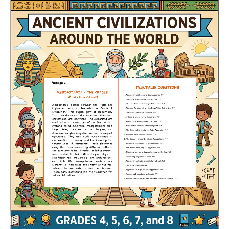Ancient Civilizations Reading Comprehension | Mesopotamia, Egypt, Greece, Rome, Maya & Inca Worksheets