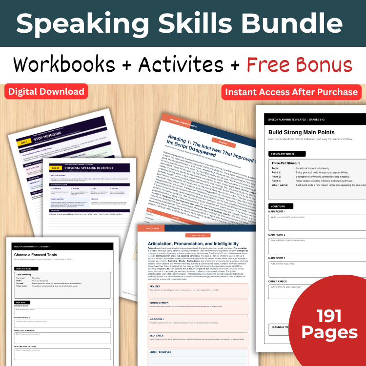 Public Speaking & Communication Skills Bundle Grades 8–12 | 5 Workbooks + 1 FREE Student Speaking Self-Assessment Bonus
