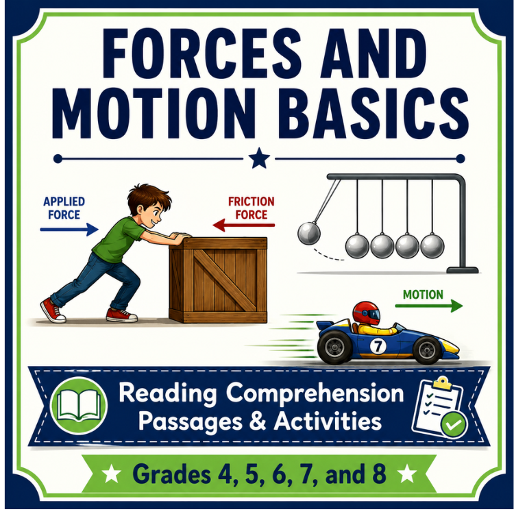 Forces and Motion Reading Comprehension | Gravity, Friction, Speed & Newton’s Law Worksheets