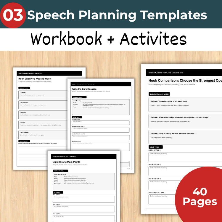 Public Speaking & Communication Skills Bundle Grades 8–12 | 5 Workbooks + 1 FREE Student Speaking Self-Assessment Bonus