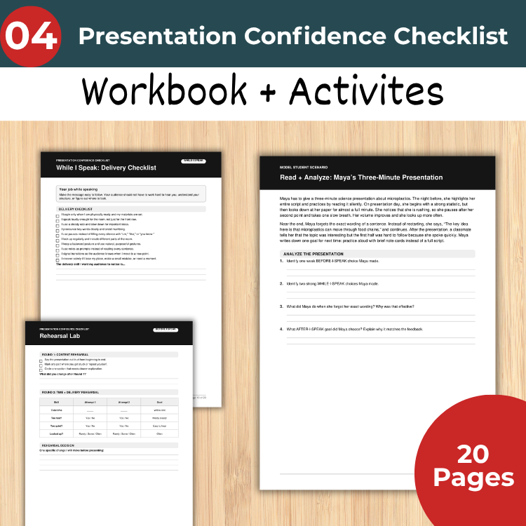Public Speaking & Communication Skills Bundle Grades 8–12 | 5 Workbooks + 1 FREE Student Speaking Self-Assessment Bonus
