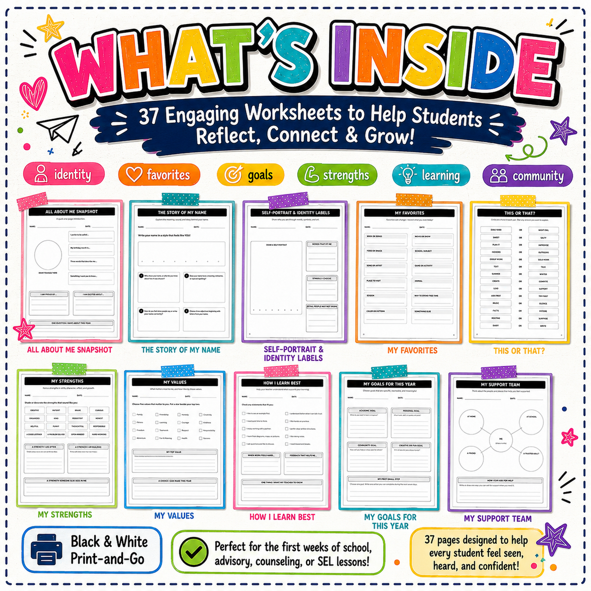 All About Me Worksheets sample page - student icebreaker and goal-setting activity