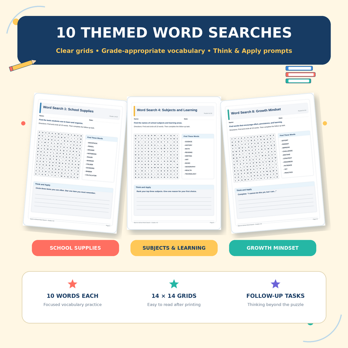 Back to School Word Search sample page - themed vocabulary puzzle
