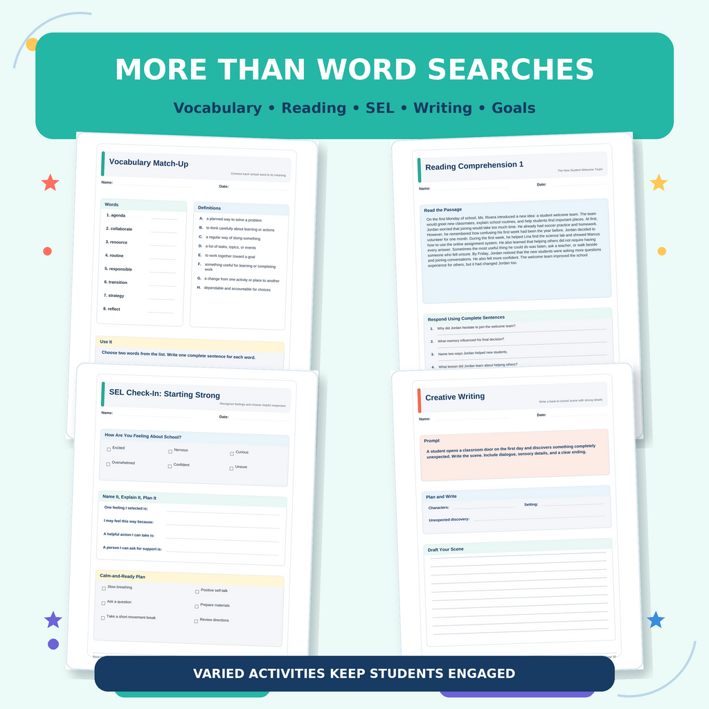 Back to School Word Search sample page - reading comprehension and writing activity