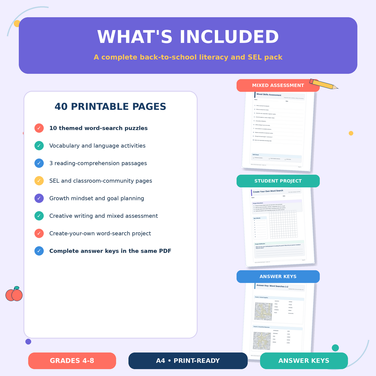 Back to School Word Search sample page - study skills and growth mindset activity