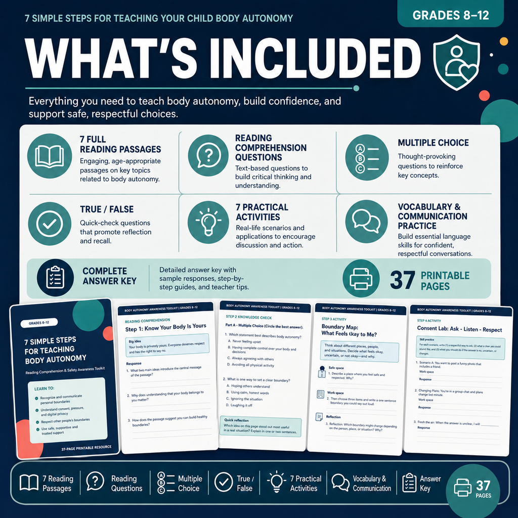 Body Autonomy & Consent Activities Grades 8–12 | Safety Reading Comprehension Toolkit