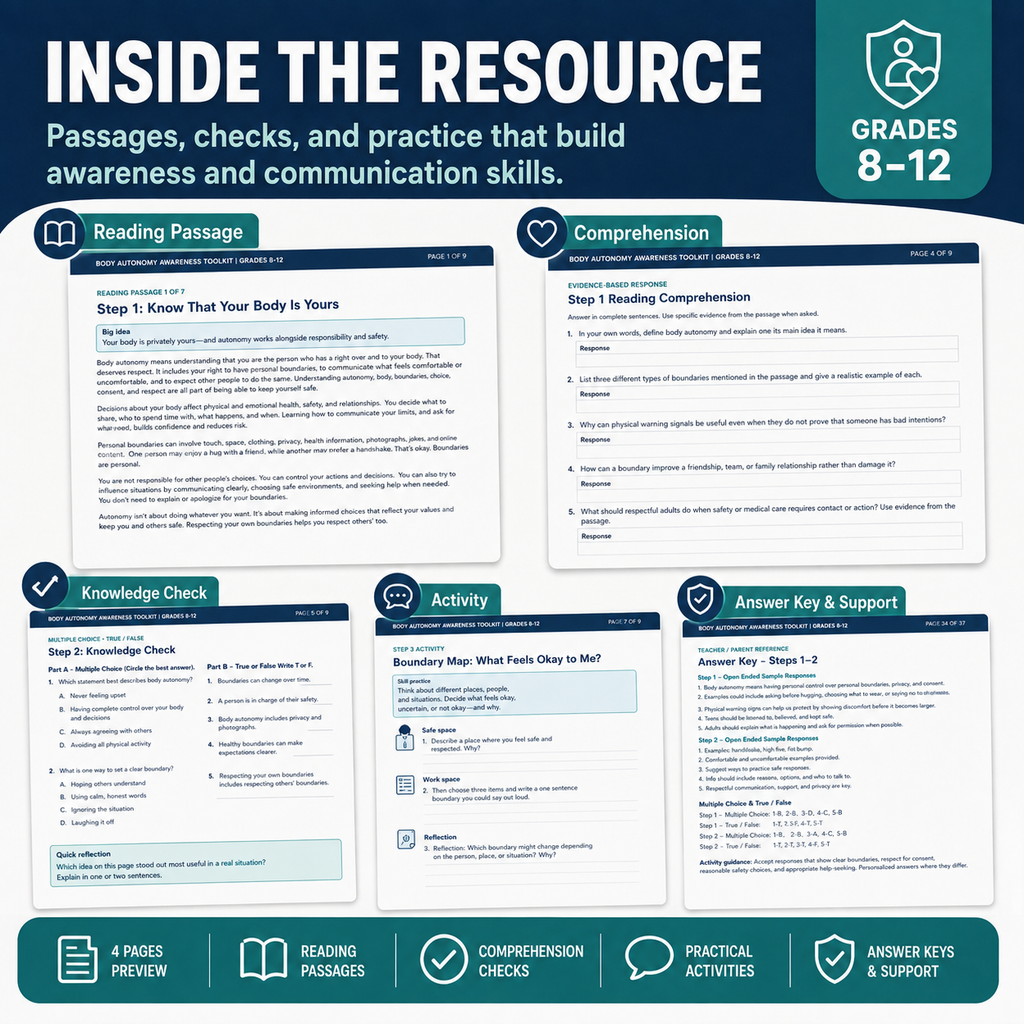 Body Autonomy & Consent Activities Grades 8–12 | Safety Reading Comprehension Toolkit