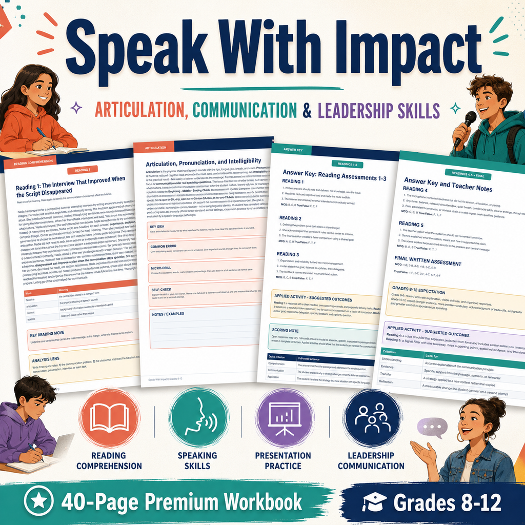 Public Speaking & Communication Skills Workbook | Leadership, Articulation & Reading Comprehension