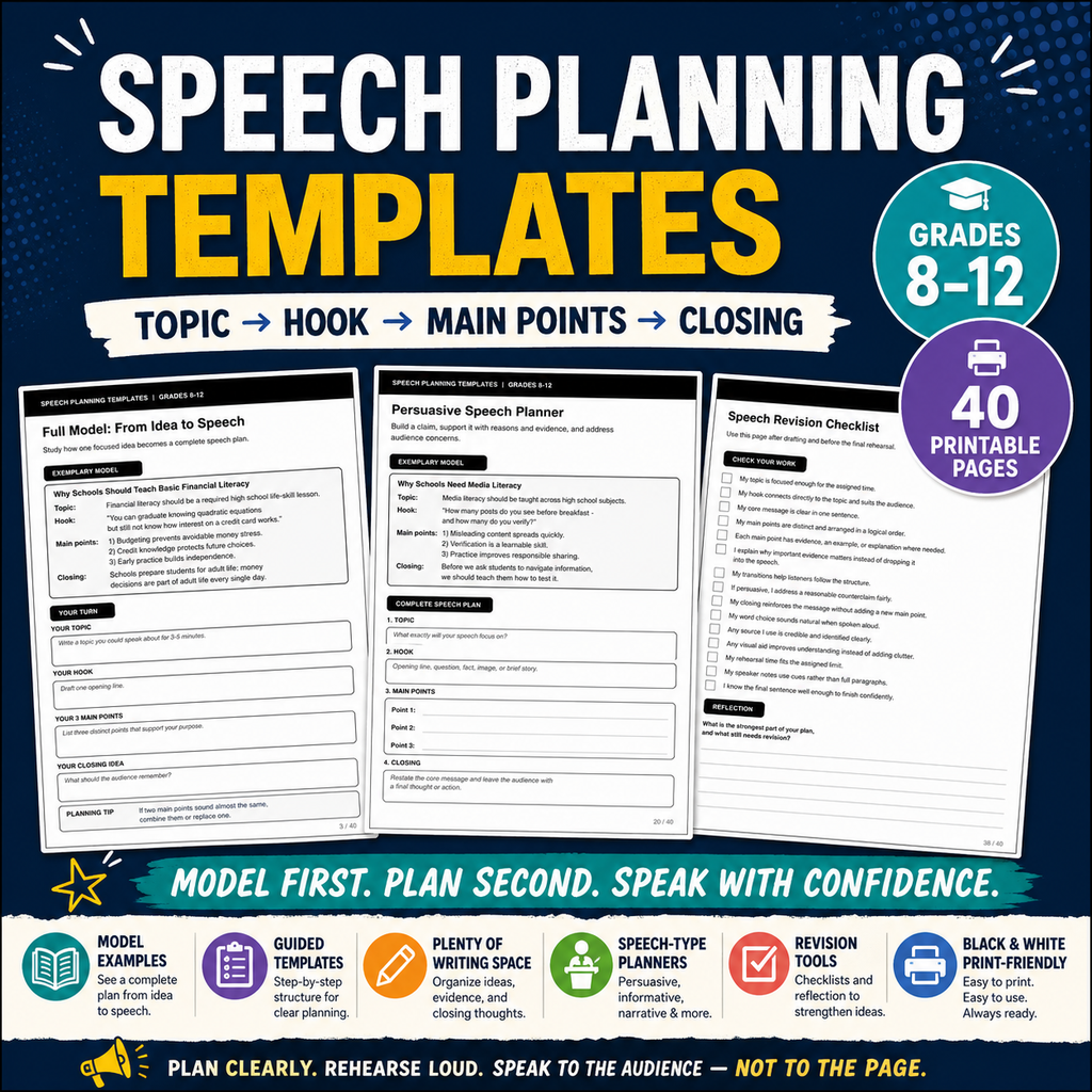 Speech Planning Templates | Public Speaking Worksheets & Speech Organizers Grades 8–12
