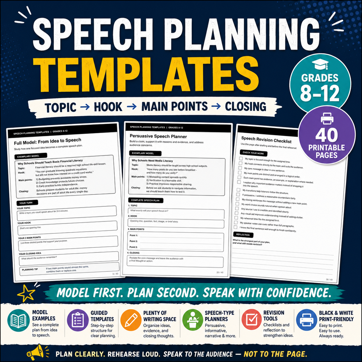Speech Planning Templates | Public Speaking Worksheets & Speech Organizers Grades 8–12