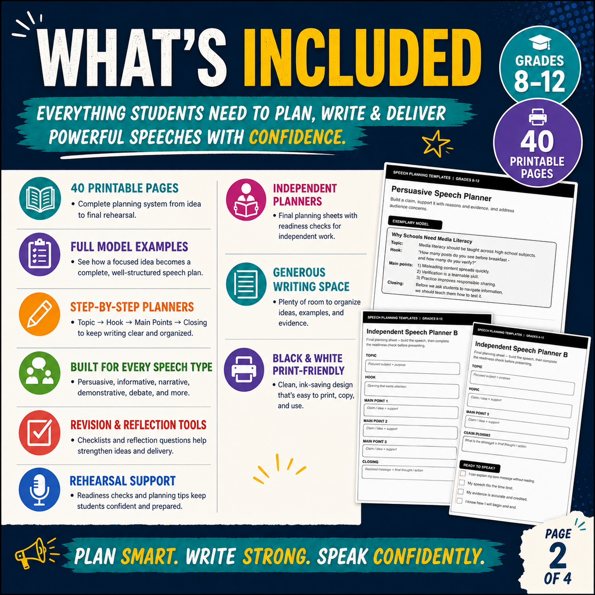 Speech Planning Templates | Public Speaking Worksheets & Speech Organizers Grades 8–12