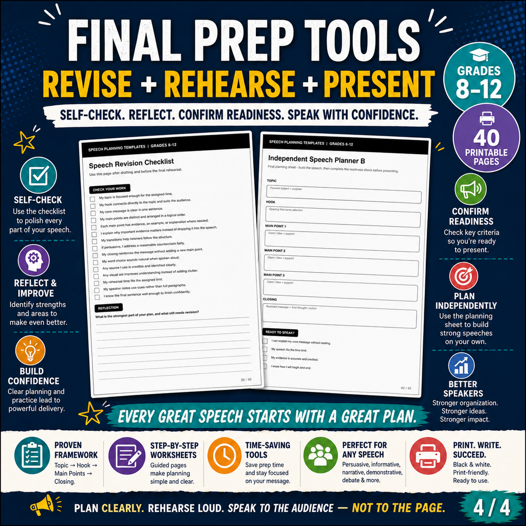 Speech Planning Templates | Public Speaking Worksheets & Speech Organizers Grades 8–12