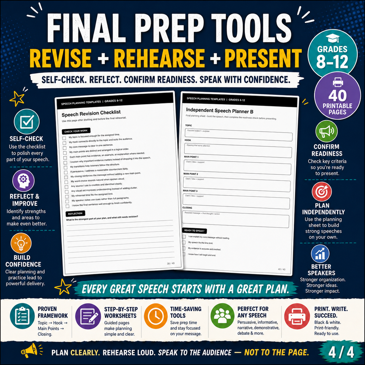 Speech Planning Templates | Public Speaking Worksheets & Speech Organizers Grades 8–12