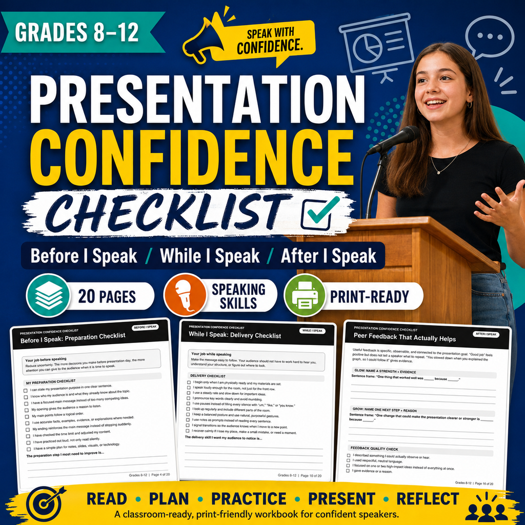 Presentation Skills Worksheets | Public Speaking Confidence Checklist Grades 8–12