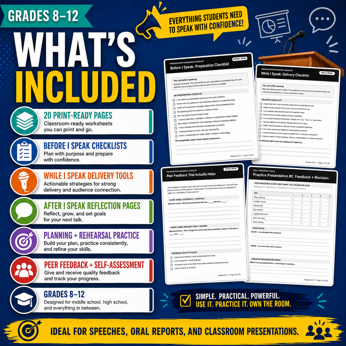 Presentation Skills Worksheets | Public Speaking Confidence Checklist Grades 8–12