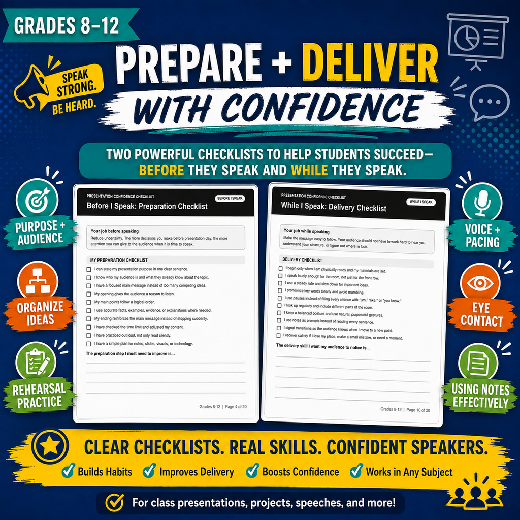 Presentation Skills Worksheets | Public Speaking Confidence Checklist Grades 8–12
