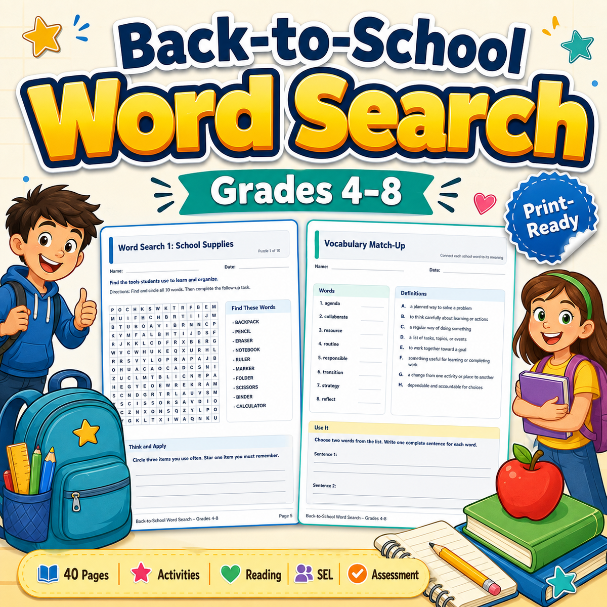 Back to School Word Search Activities cover - vocabulary and SEL workbook Grades 4-8