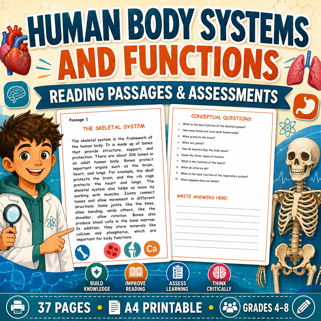 Human Body Systems & Functions Worksheets | Reading Comprehension & Assessments | Grades 4–8