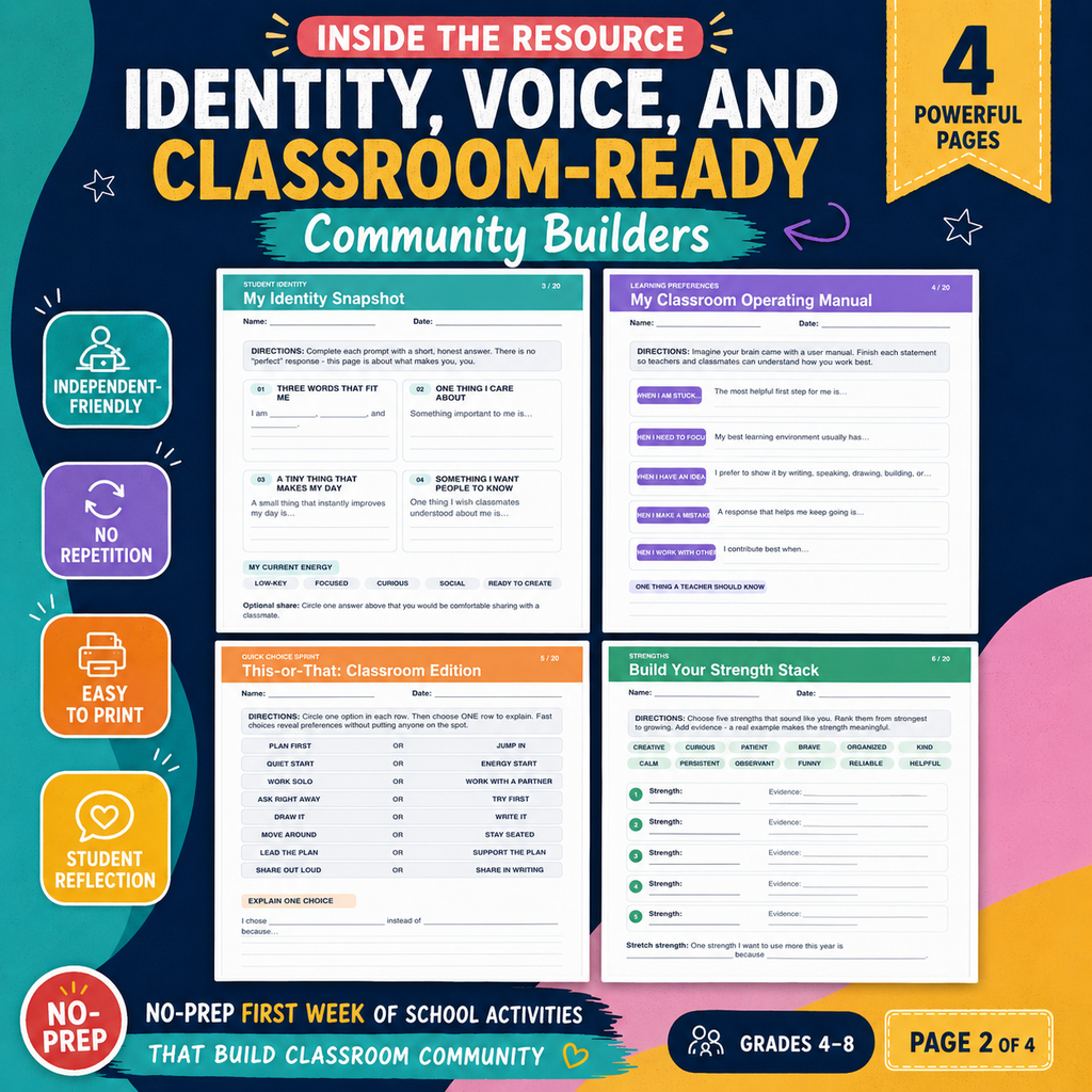 First Week of School Activities sample page - student identity and connection activity