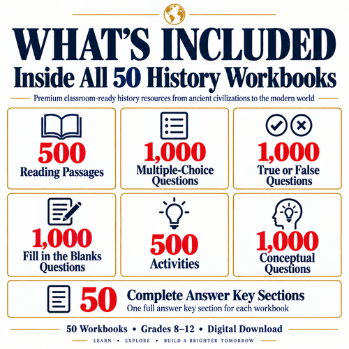 History Mega Bundle | 50 Workbooks Topics | World & U.S. History Units | Grades 8–12 Full-Year Curriculum
