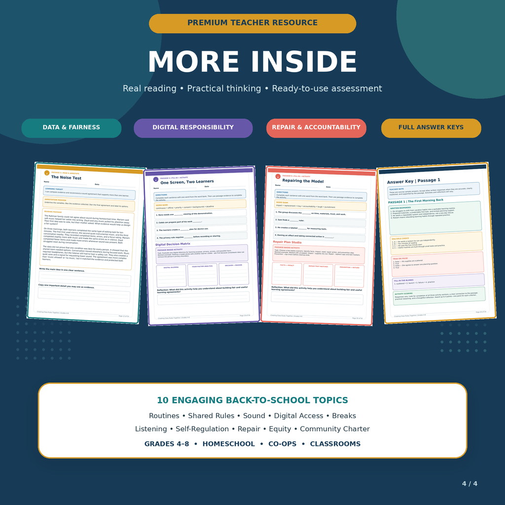 Back to School Reading Comprehension & Class Rules Activities | Grades 4–8