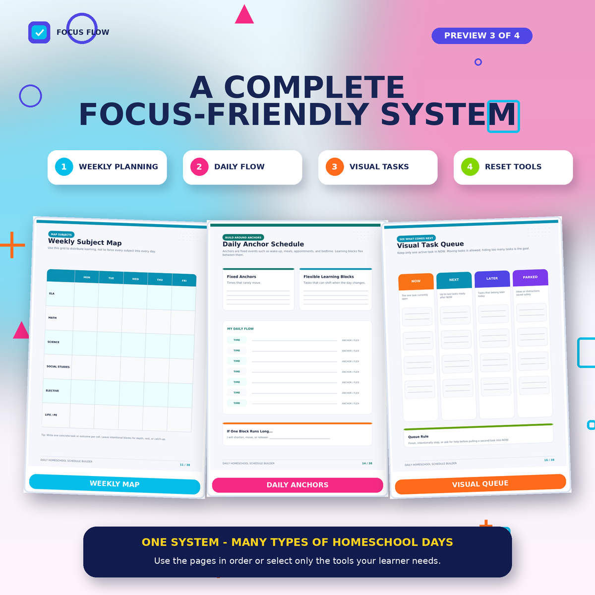 Homeschool Daily Schedule Planner | Visual Routine & Focus Tools | K-8 Printable