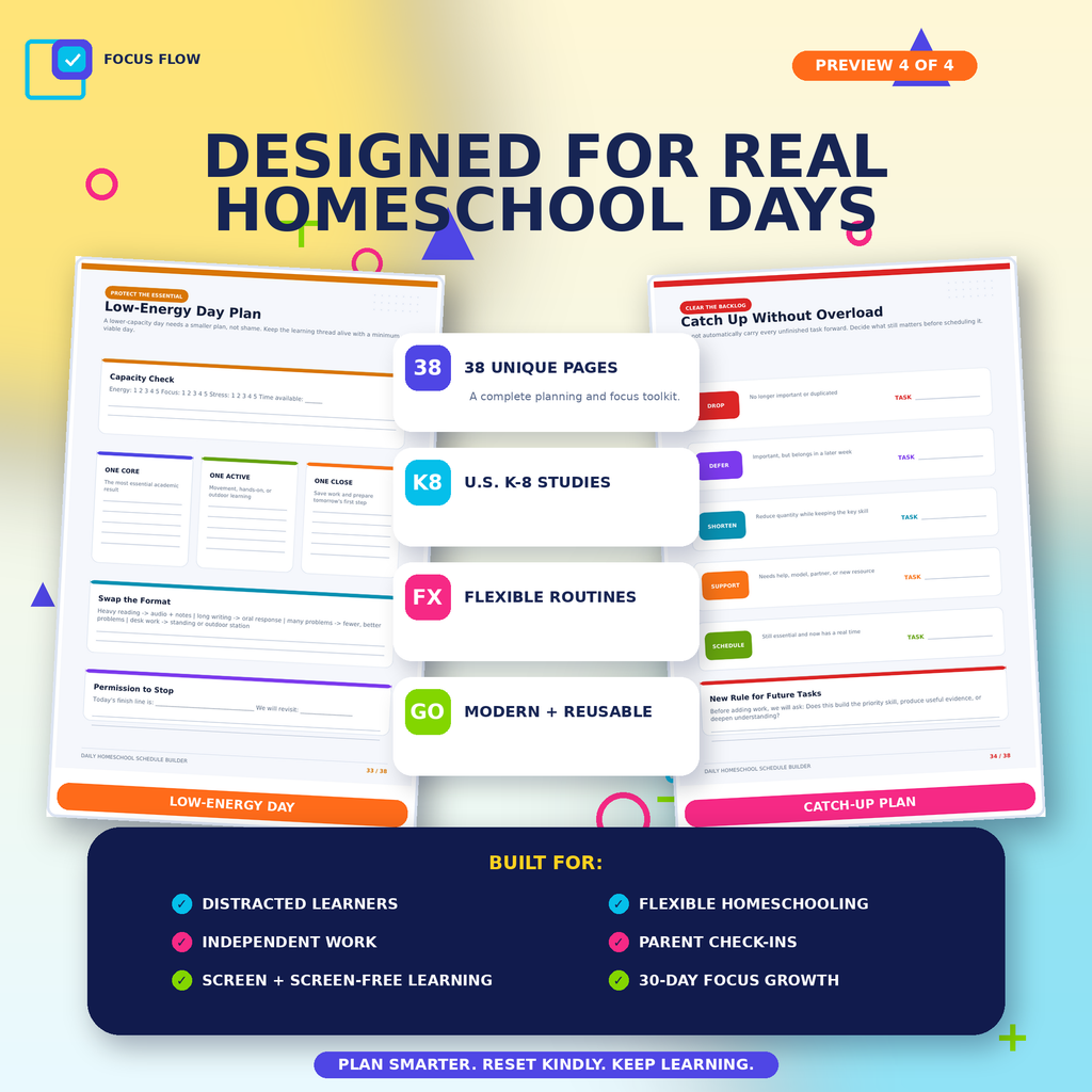 Homeschool Daily Schedule Planner | Visual Routine & Focus Tools | K-8 Printable