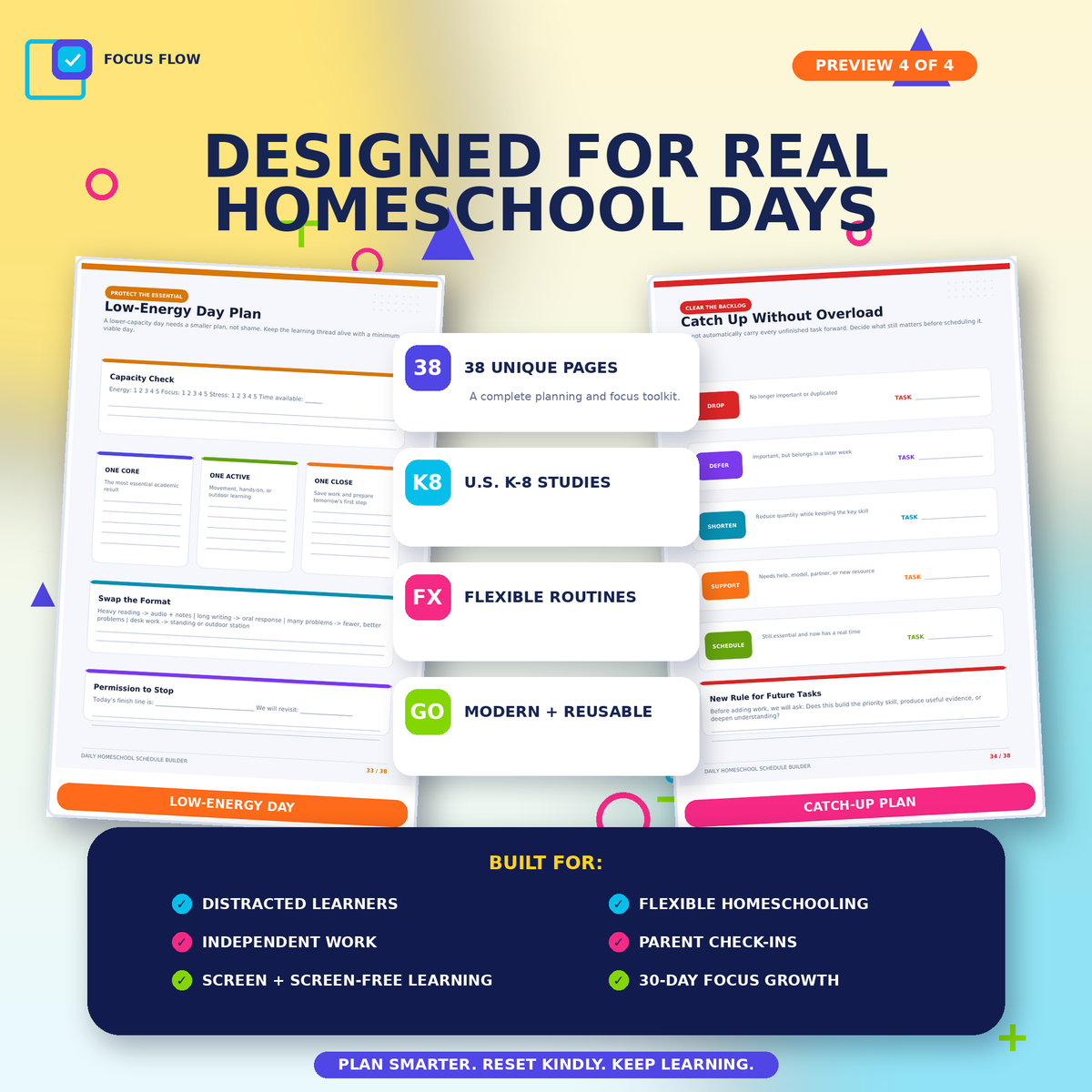 Homeschool Daily Schedule Planner | Visual Routine & Focus Tools | K-8 Printable