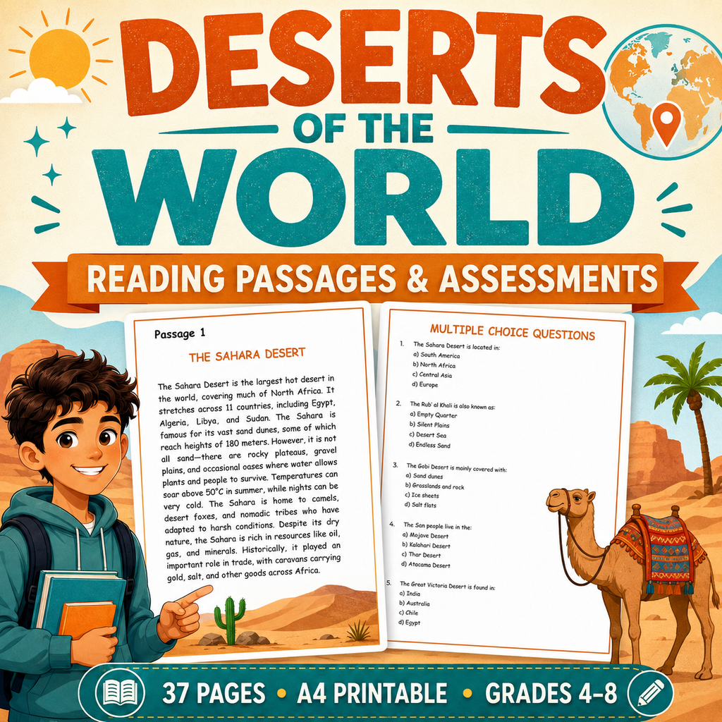 Deserts of the World Reading Comprehension Worksheets | Geography Passages, Assessments & Activities