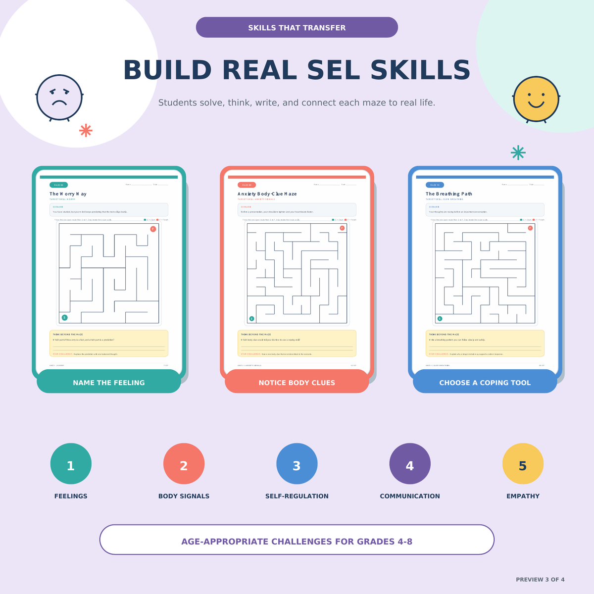Emotion Mazes | SEL Feelings & Self-Regulation Worksheets Grades 4–8