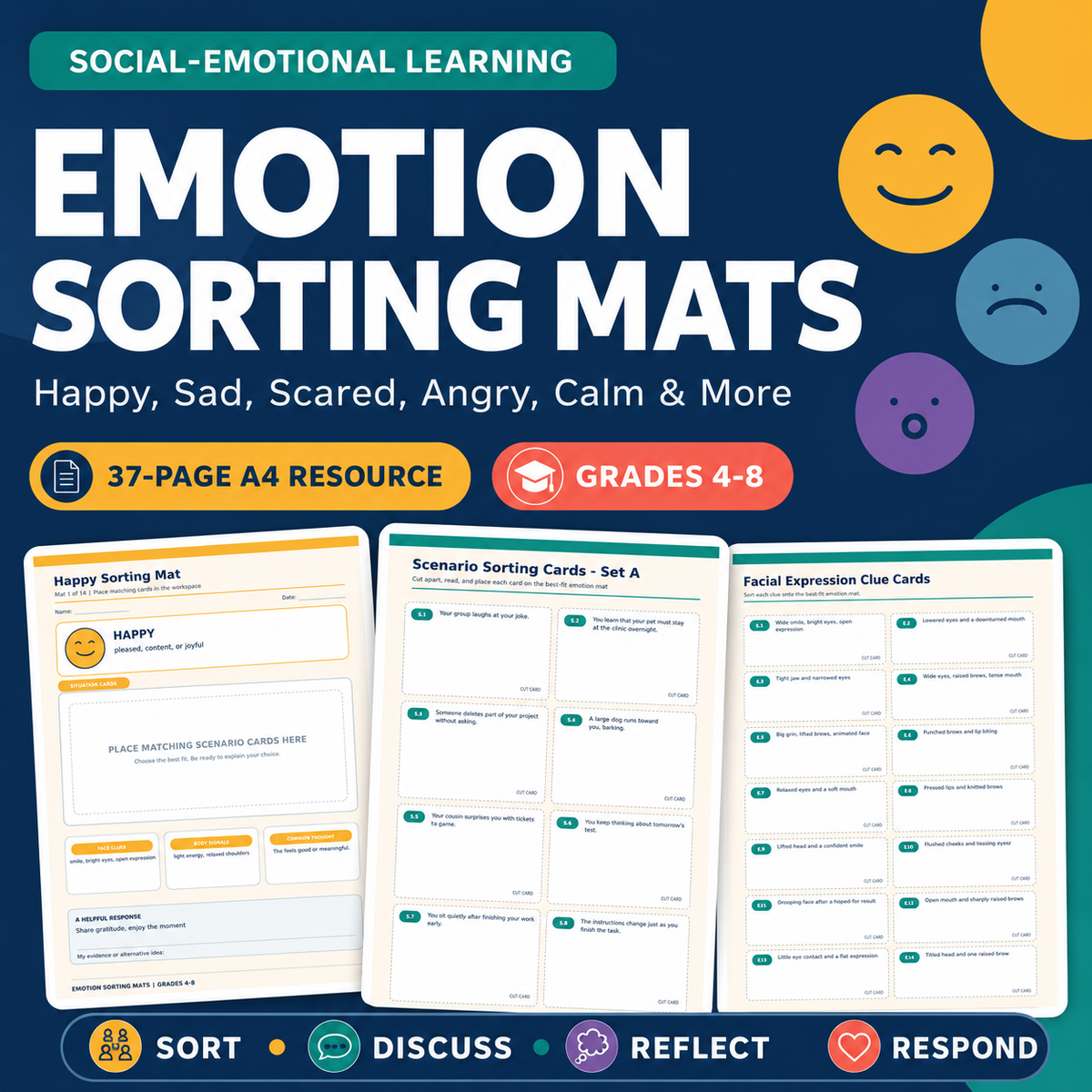 Emotion Sorting Mats & Scenario Cards | SEL Feelings Activities Grades 4–8