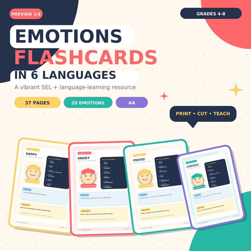 Multilingual Emotions Flashcards | Feelings Vocabulary SEL Activities Grades 4–8