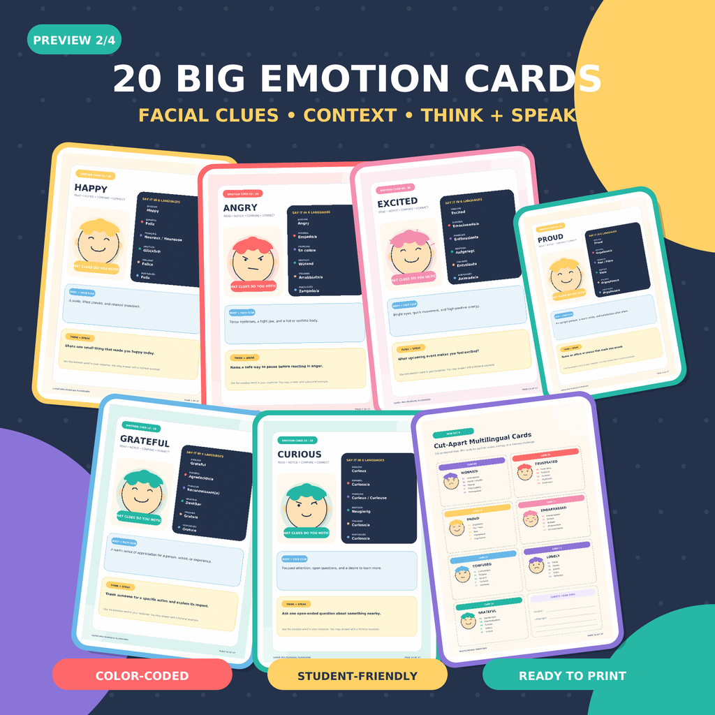 Multilingual Emotions Flashcards | Feelings Vocabulary SEL Activities Grades 4–8