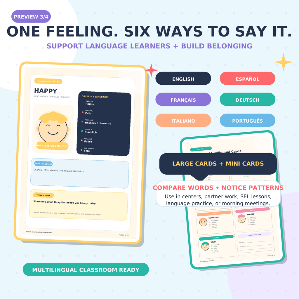 Multilingual Emotions Flashcards | Feelings Vocabulary SEL Activities Grades 4–8