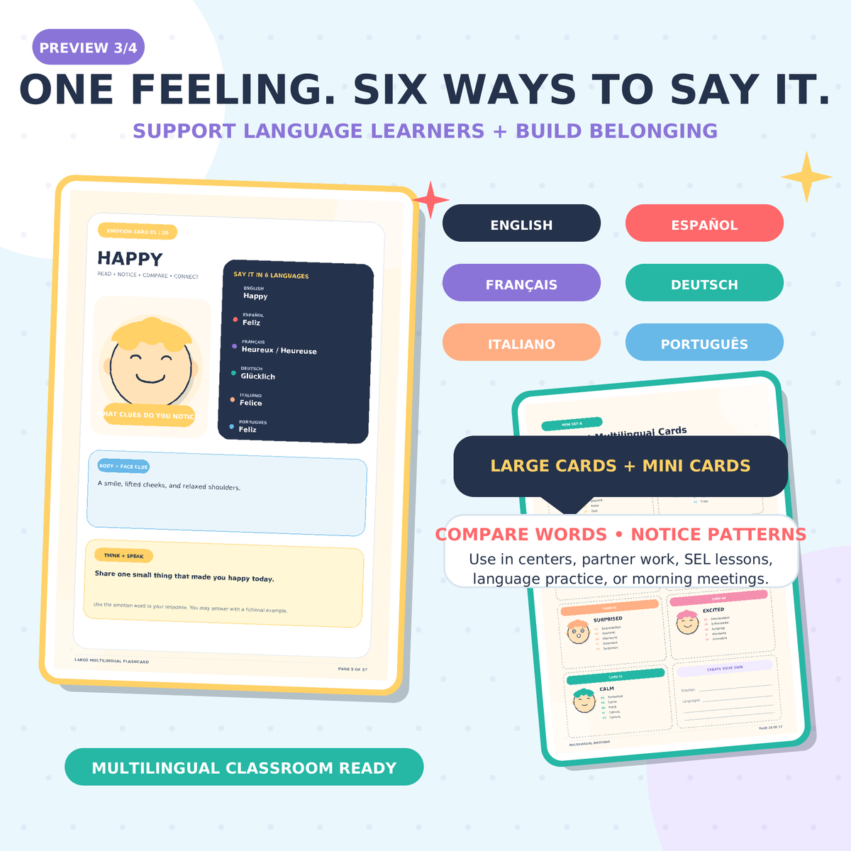 Multilingual Emotions Flashcards | Feelings Vocabulary SEL Activities Grades 4–8