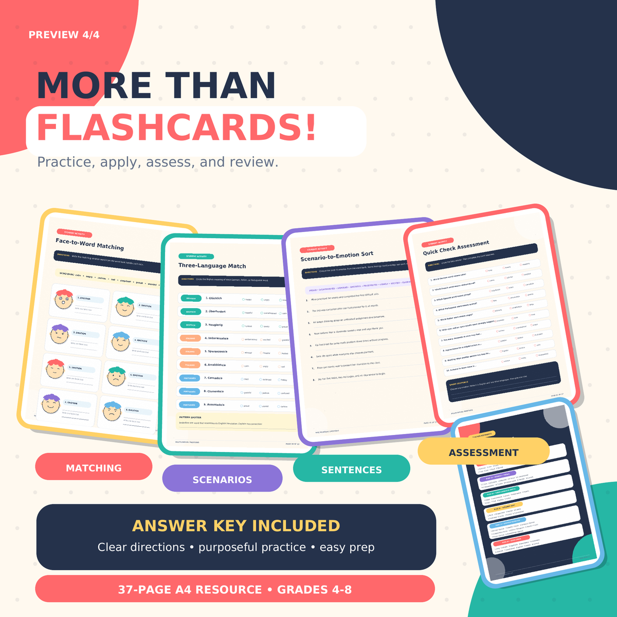 Multilingual Emotions Flashcards | Feelings Vocabulary SEL Activities Grades 4–8