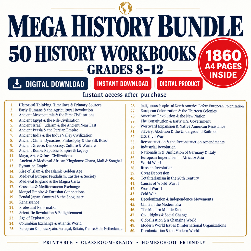 History Mega Bundle | 50 Workbooks Topics | World & U.S. History Units | Grades 8–12 Full-Year Curriculum
