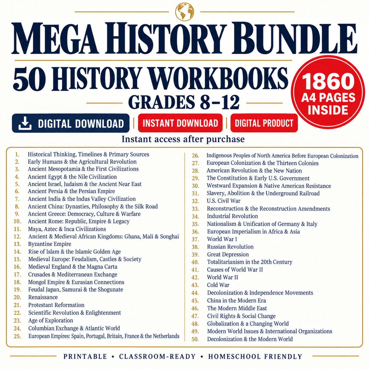 History Mega Bundle | 50 Workbooks Topics | World & U.S. History Units | Grades 8–12 Full-Year Curriculum