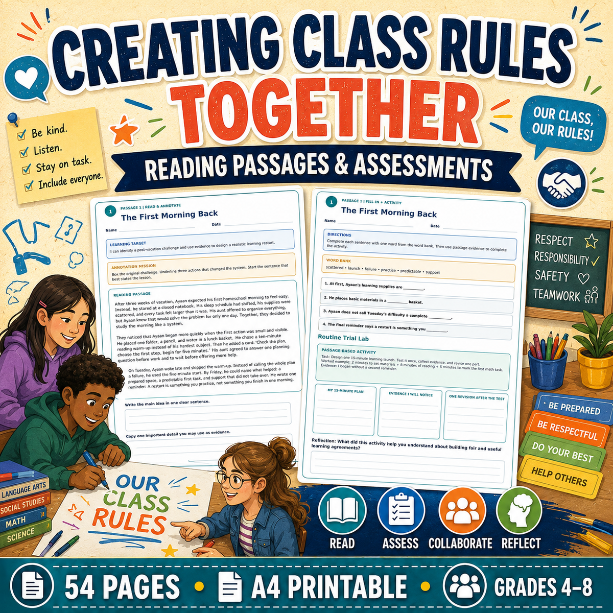 Back to School Reading Comprehension & Class Rules Activities | Grades 4–8