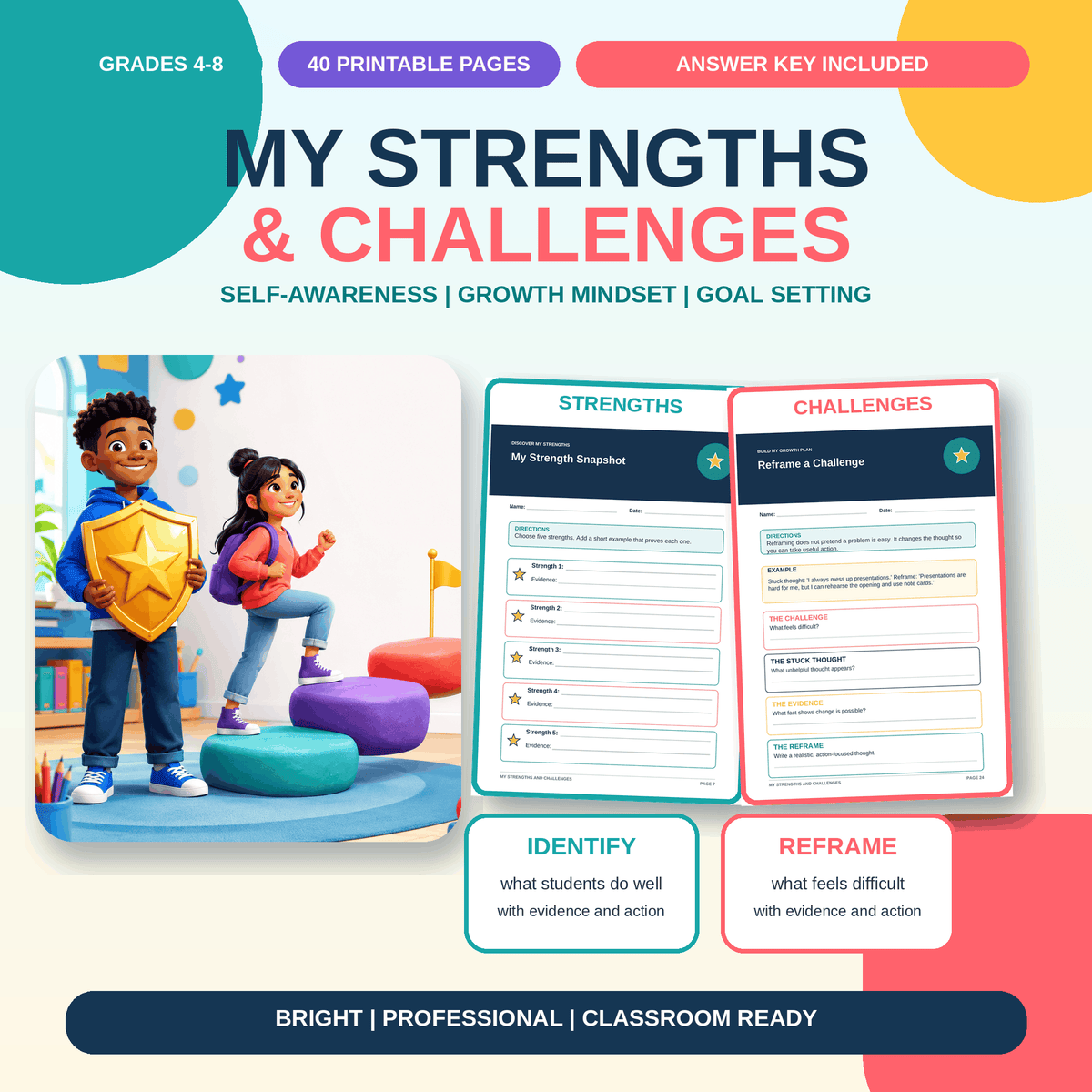 Student Strengths & Challenges Workbook | SEL Growth Mindset Grades 4-8