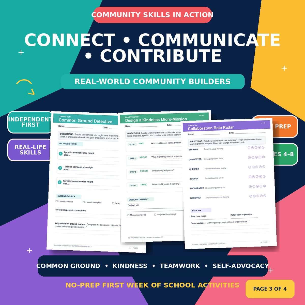 First Week of School Activities sample page - communication and reflection worksheet