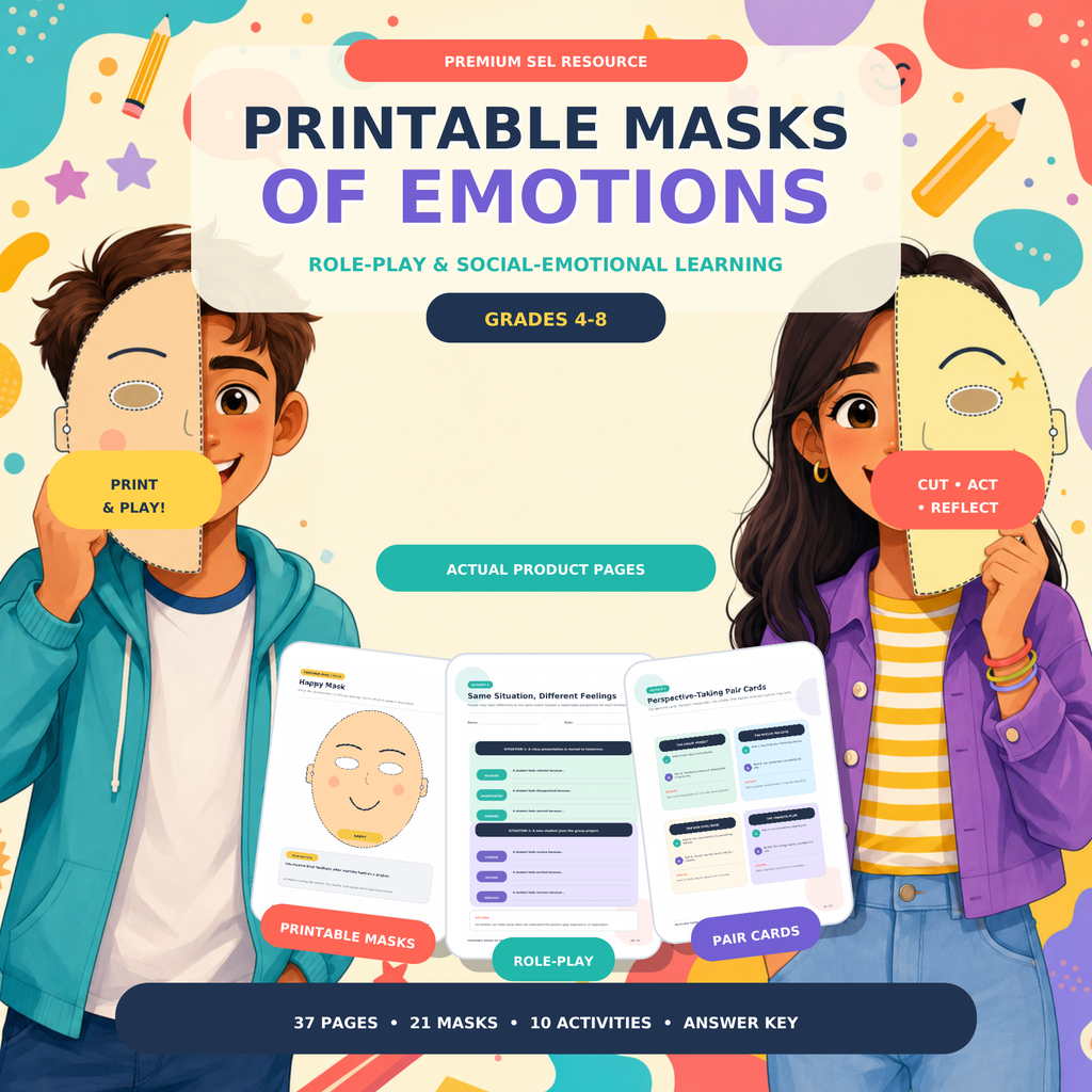 Printable Emotion Masks | SEL Role Play & Feelings Activities Grades 4–8