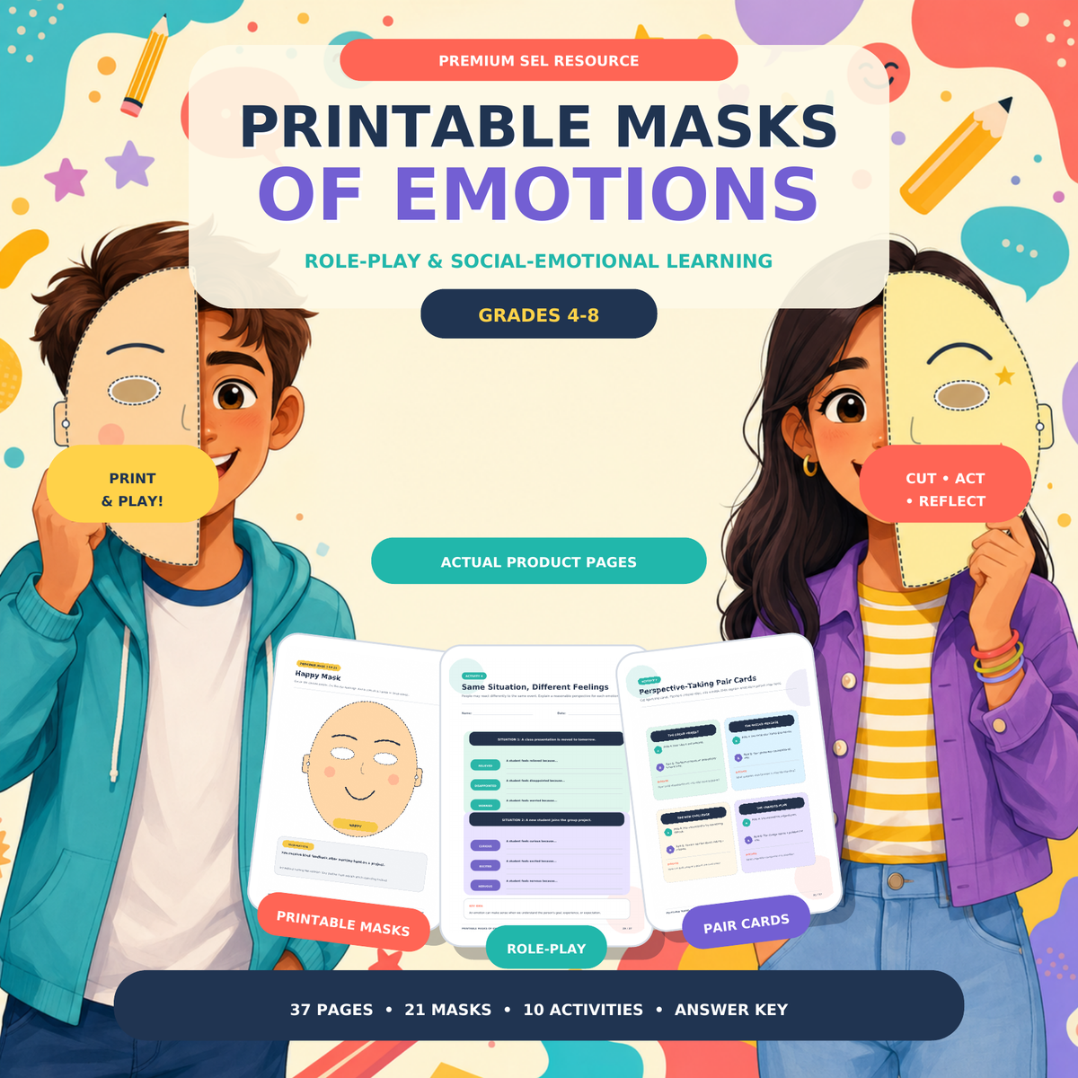 Printable Emotion Masks | SEL Role Play & Feelings Activities Grades 4–8